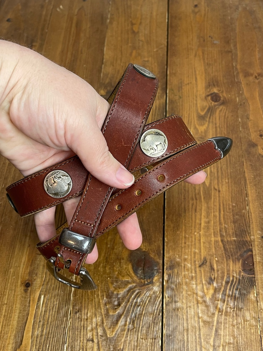 Leegin Mens vintage buffalo nickel belt brown leather